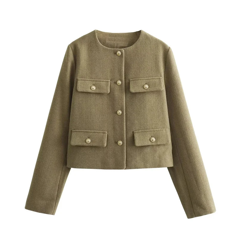 Cropped Tweed Jacket Woman Coat Button Long Sleeve Elegant Jackets