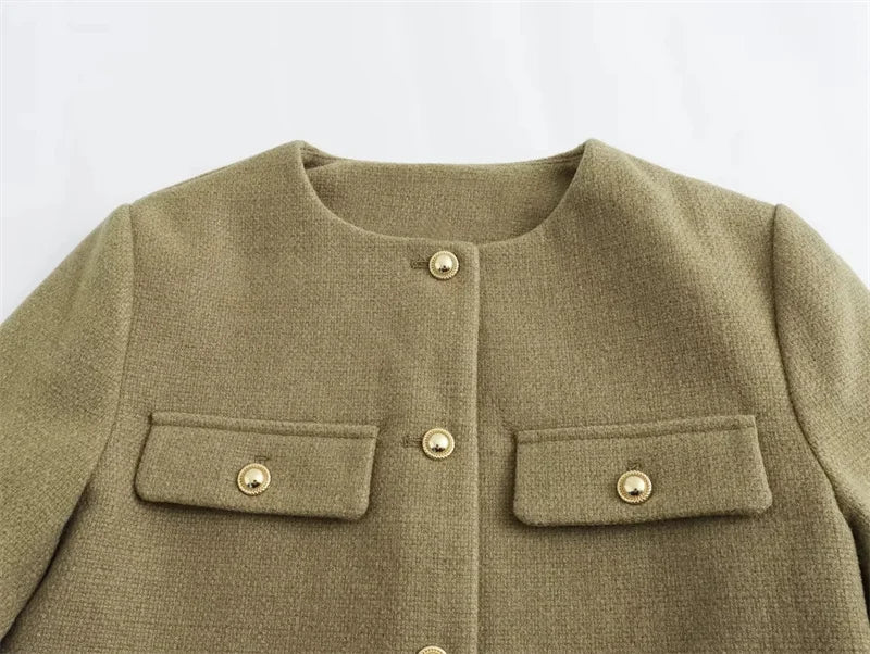 Cropped Tweed Jacket Woman Coat Button Long Sleeve Elegant Jackets
