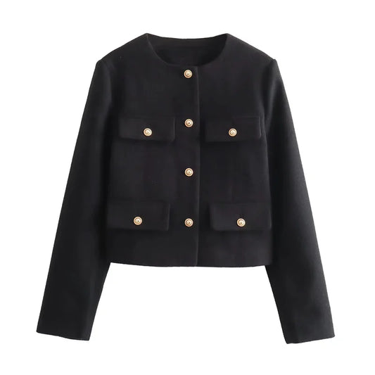 Cropped Tweed Jacket Woman Coat Button Long Sleeve Elegant Jackets