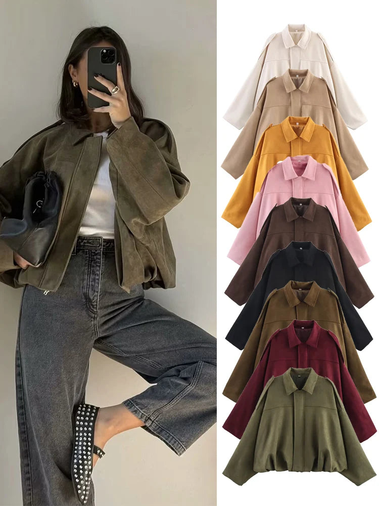 Women Suede Bomber Jacket Spring Long Sleeve