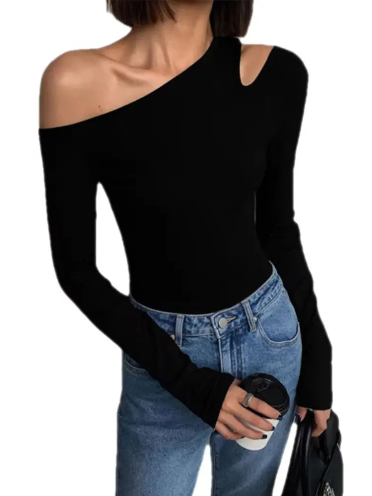 Collar Off-shoulder Long-sleeved T-shirts New Solid Slim Fit Crop Top