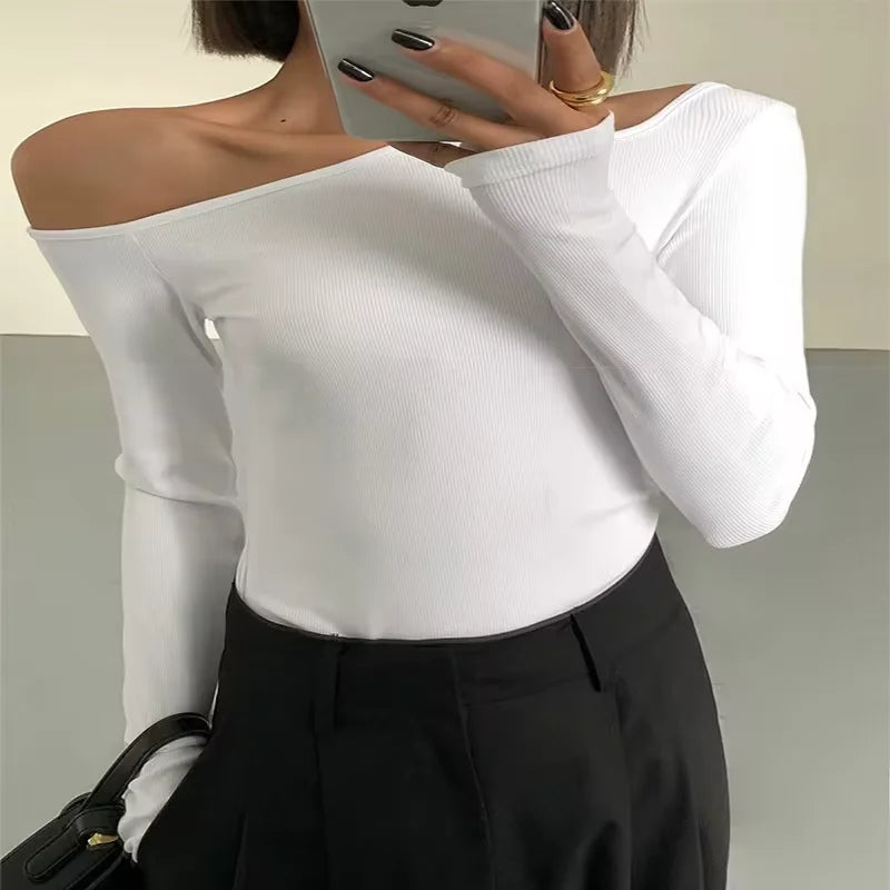 Collar Off-shoulder Long-sleeved T-shirts New Solid Slim Fit Crop Top