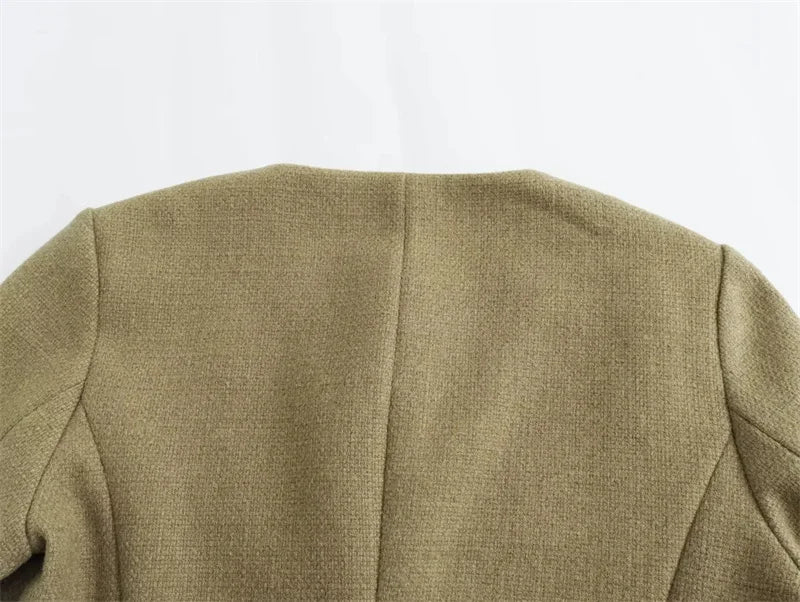 Cropped Tweed Jacket Woman Coat Button Long Sleeve Elegant Jackets