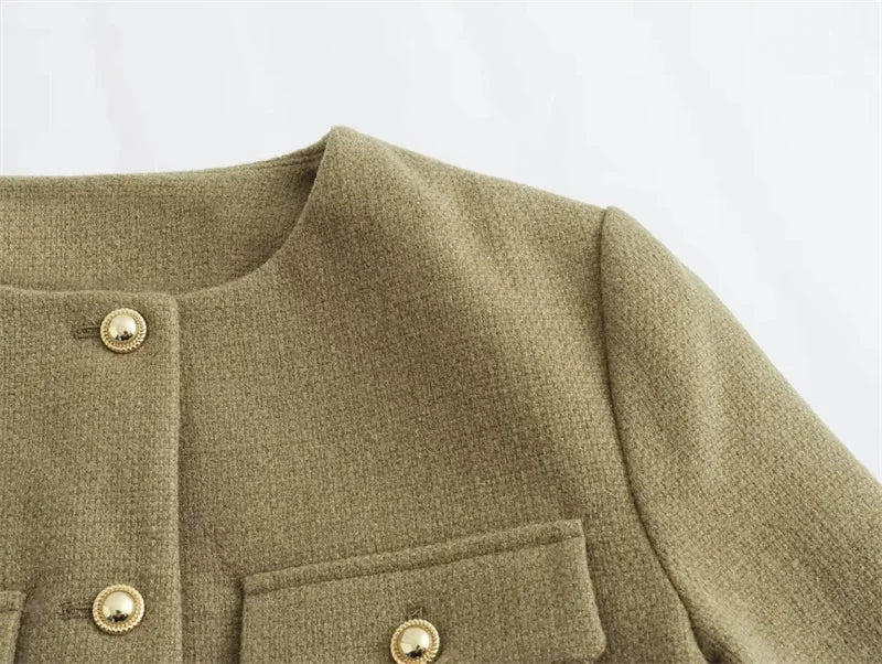 Cropped Tweed Jacket Woman Coat Button Long Sleeve Elegant Jackets