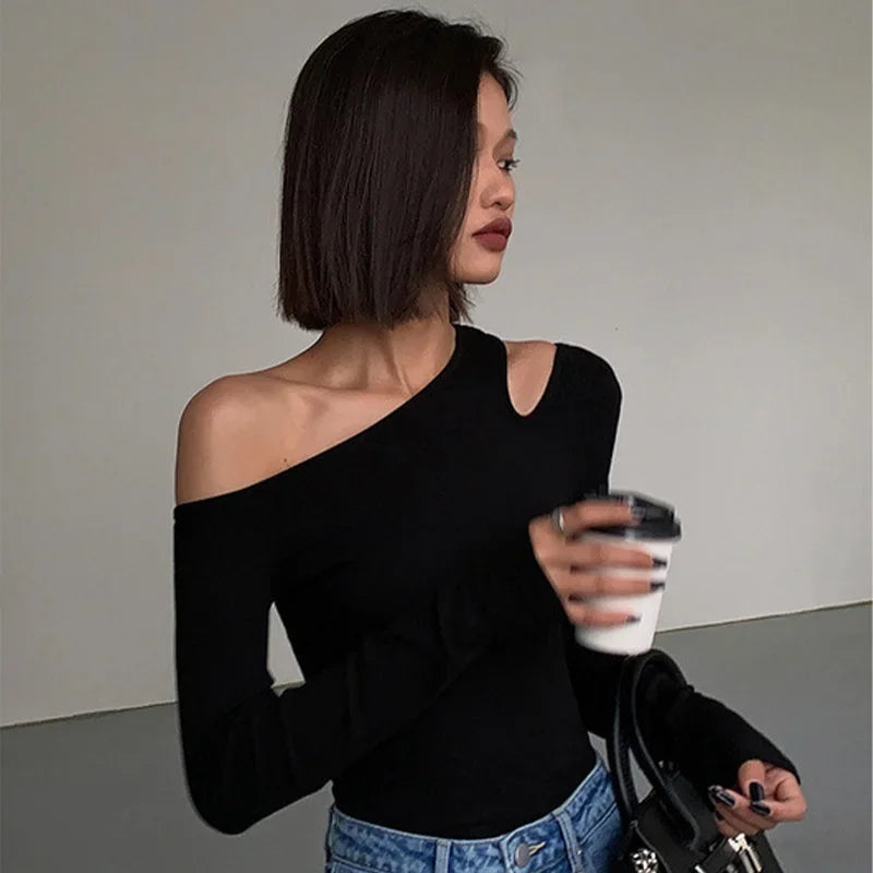 Collar Off-shoulder Long-sleeved T-shirts New Solid Slim Fit Crop Top