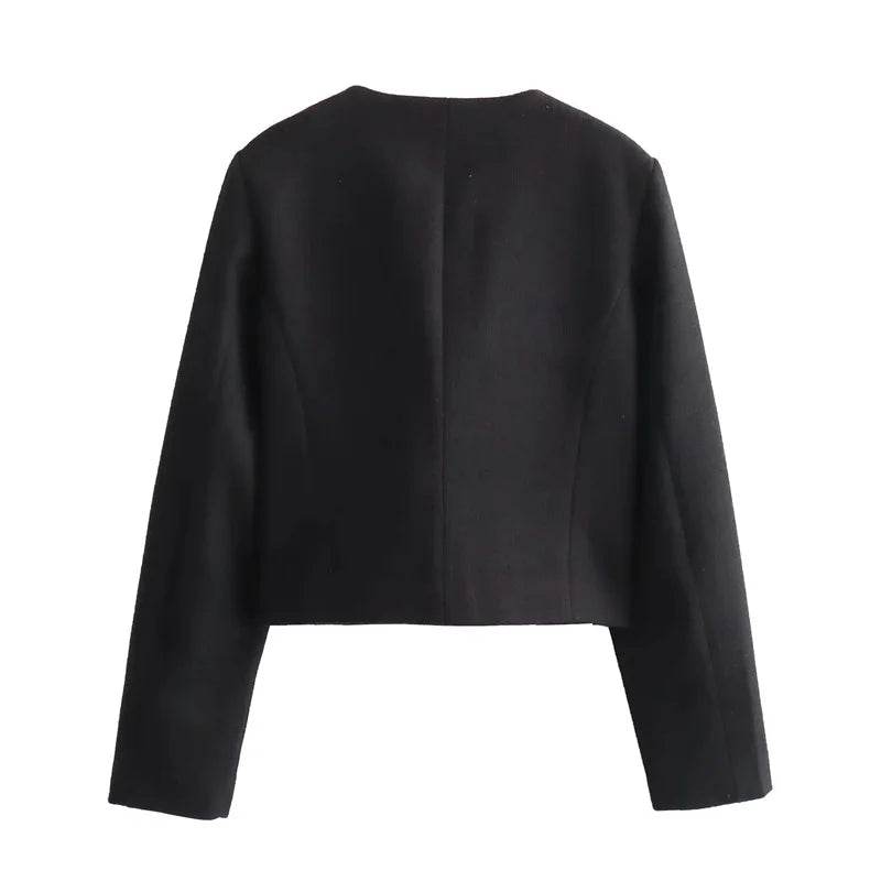 Cropped Tweed Jacket Woman Coat Button Long Sleeve Elegant Jackets