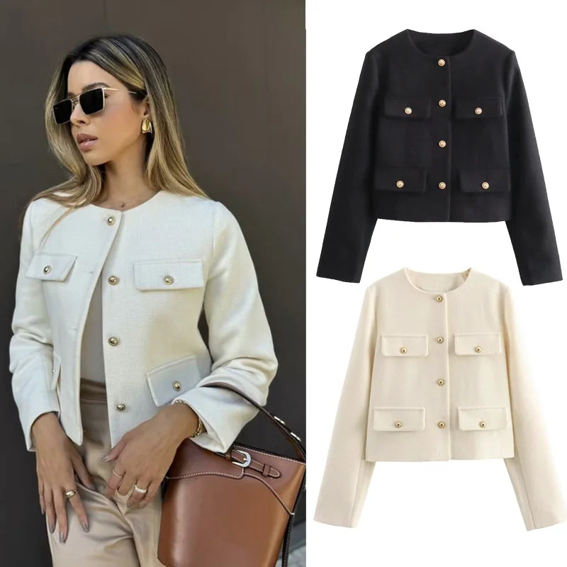 Cropped Tweed Jacket Woman Coat Button Long Sleeve Elegant Jackets