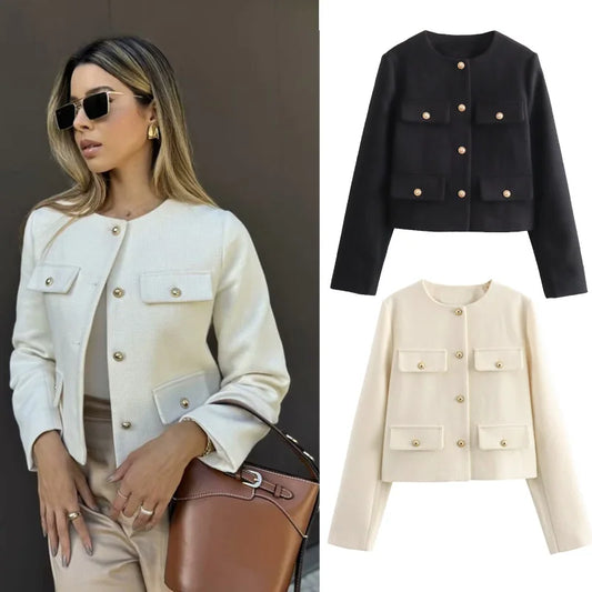 Cropped Tweed Jacket Woman Coat Button Long Sleeve Elegant Jackets