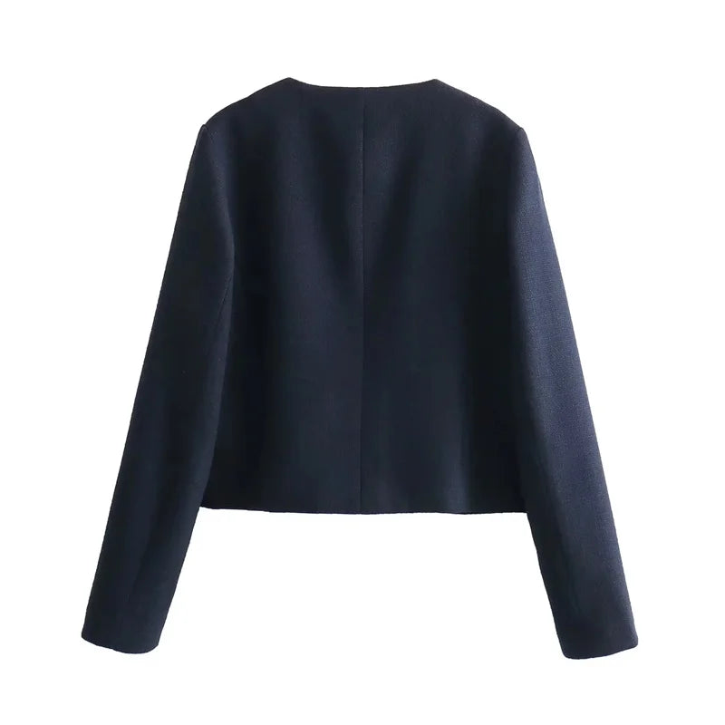 Cropped Tweed Jacket Woman Coat Button Long Sleeve Elegant Jackets