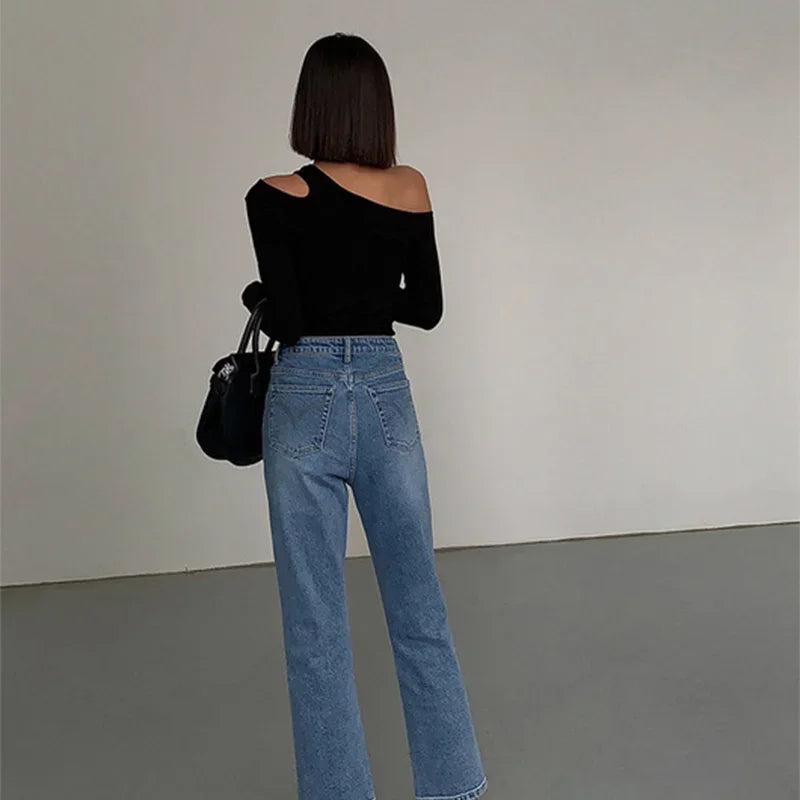 Collar Off-shoulder Long-sleeved T-shirts New Solid Slim Fit Crop Top