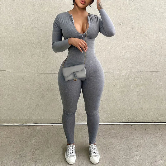 Jumpsuits Women Autumn New Solid Long Sleeve Bodycon