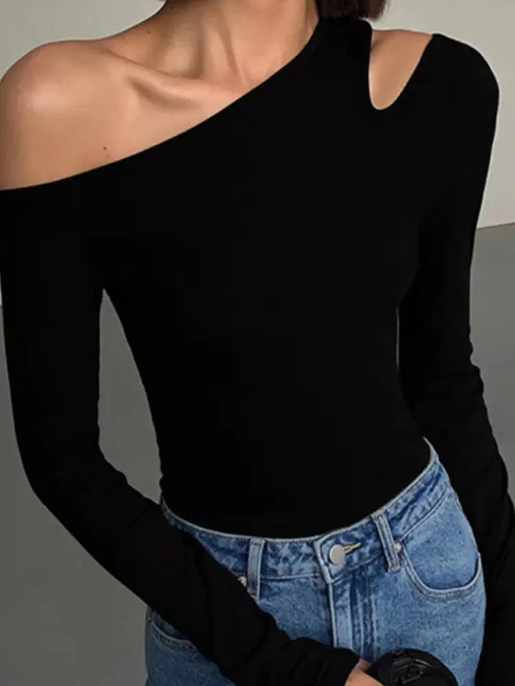 Collar Off-shoulder Long-sleeved T-shirts New Solid Slim Fit Crop Top