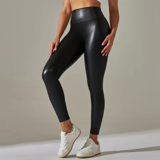 Women's Tight Pants With High Waist Faux Leather Texture Long Pants