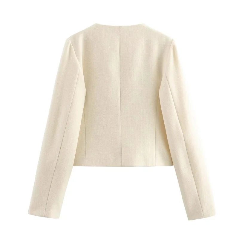Cropped Tweed Jacket Woman Coat Button Long Sleeve Elegant Jackets