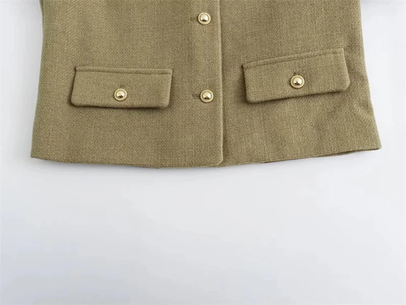 Cropped Tweed Jacket Woman Coat Button Long Sleeve Elegant Jackets