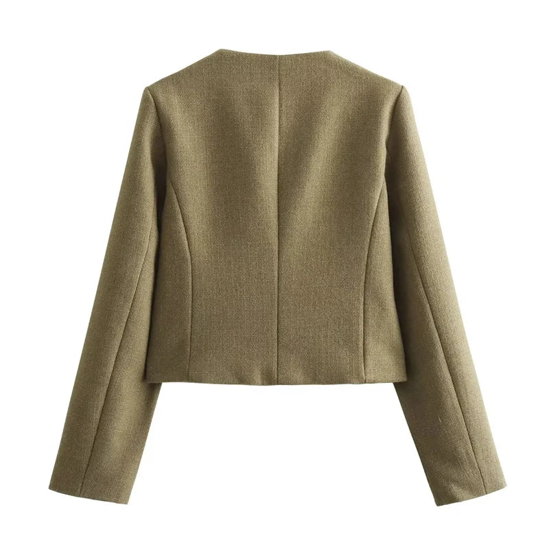 Cropped Tweed Jacket Woman Coat Button Long Sleeve Elegant Jackets