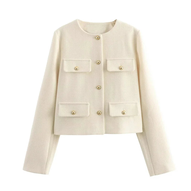 Cropped Tweed Jacket Woman Coat Button Long Sleeve Elegant Jackets