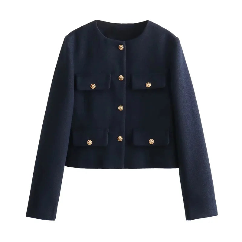 Cropped Tweed Jacket Woman Coat Button Long Sleeve Elegant Jackets